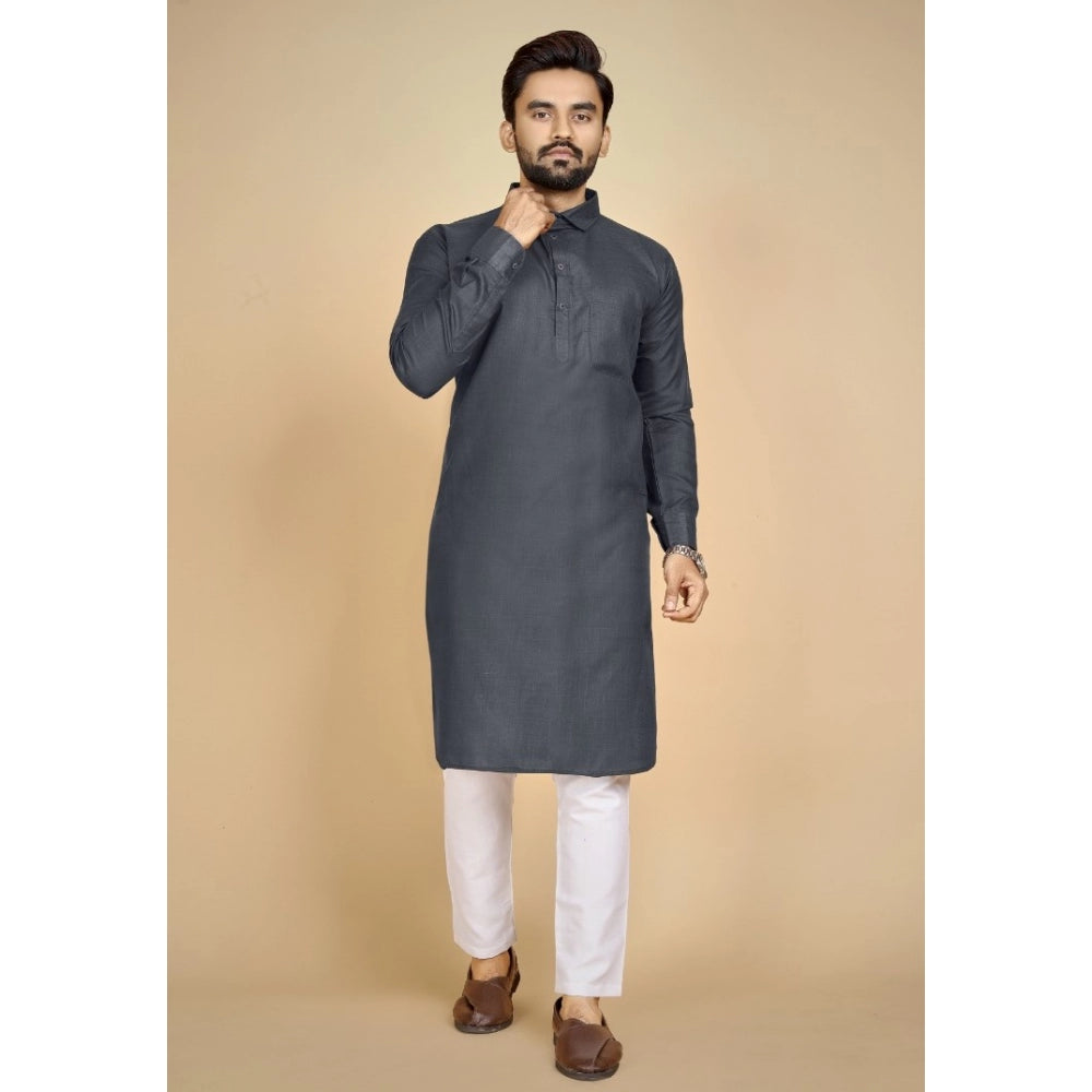 Amfyn Men's Cotton Blend Solid Full Sleeve Knee Length Kurta (Black)