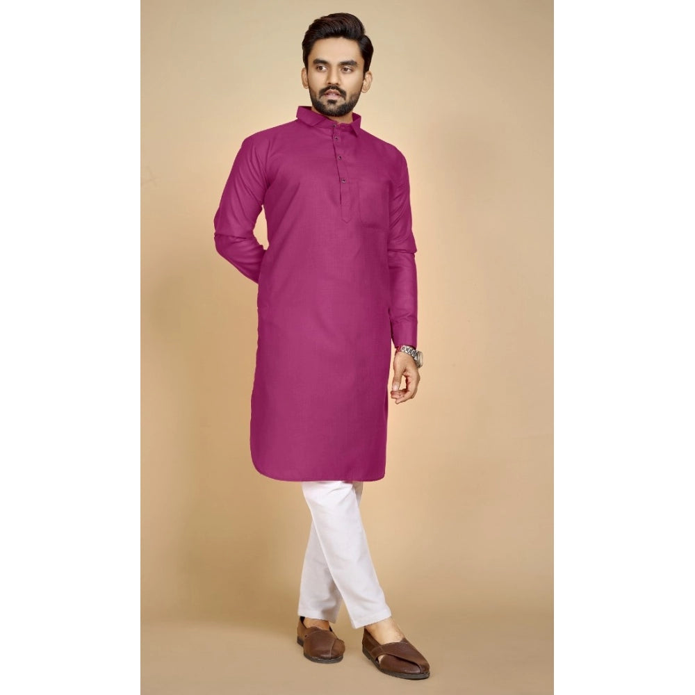 Amfyn Men's Cotton Blend Solid Full Sleeve Knee Length Kurta (Pink)