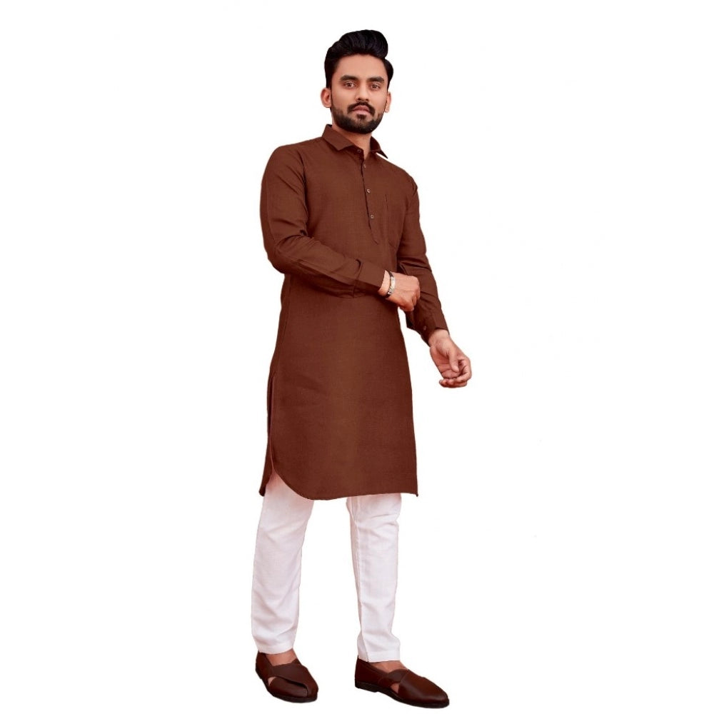 Amfyn Men's Cotton Blend Solid Full Sleeve Knee Length Kurta (Brown)