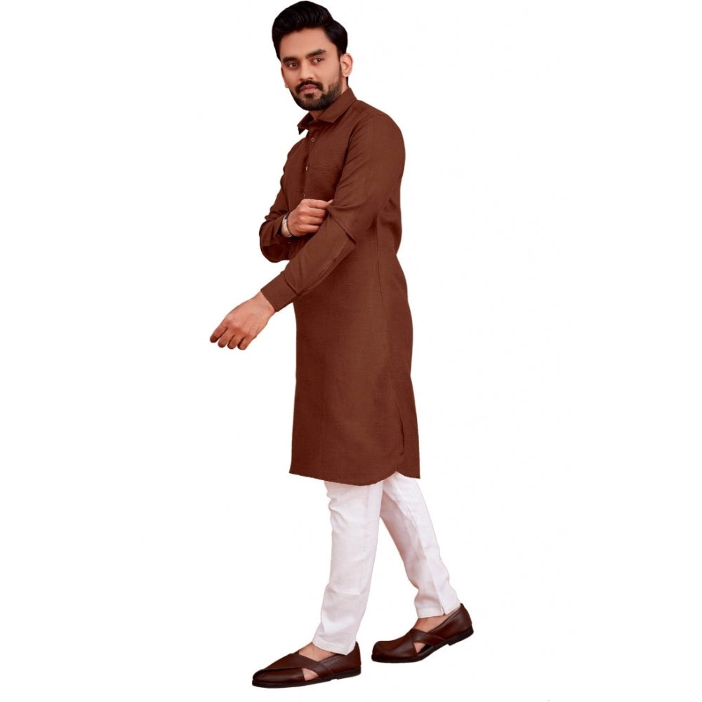 Amfyn Men's Cotton Blend Solid Full Sleeve Knee Length Kurta (Brown)