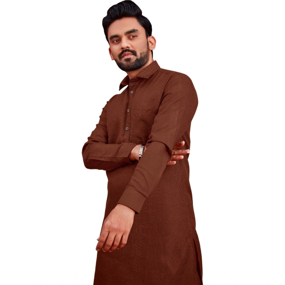 Amfyn Men's Cotton Blend Solid Full Sleeve Knee Length Kurta (Brown)