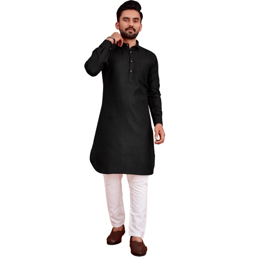 Amfyn Men's Cotton Blend Solid Full Sleeve Knee Length Kurta (Black)