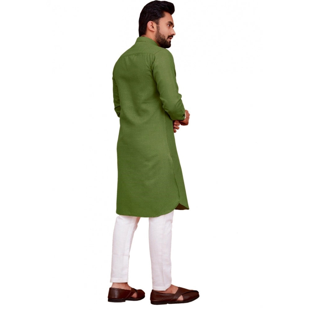 Amfyn Men's Cotton Blend Solid Full Sleeve Knee Length Kurta (Green)