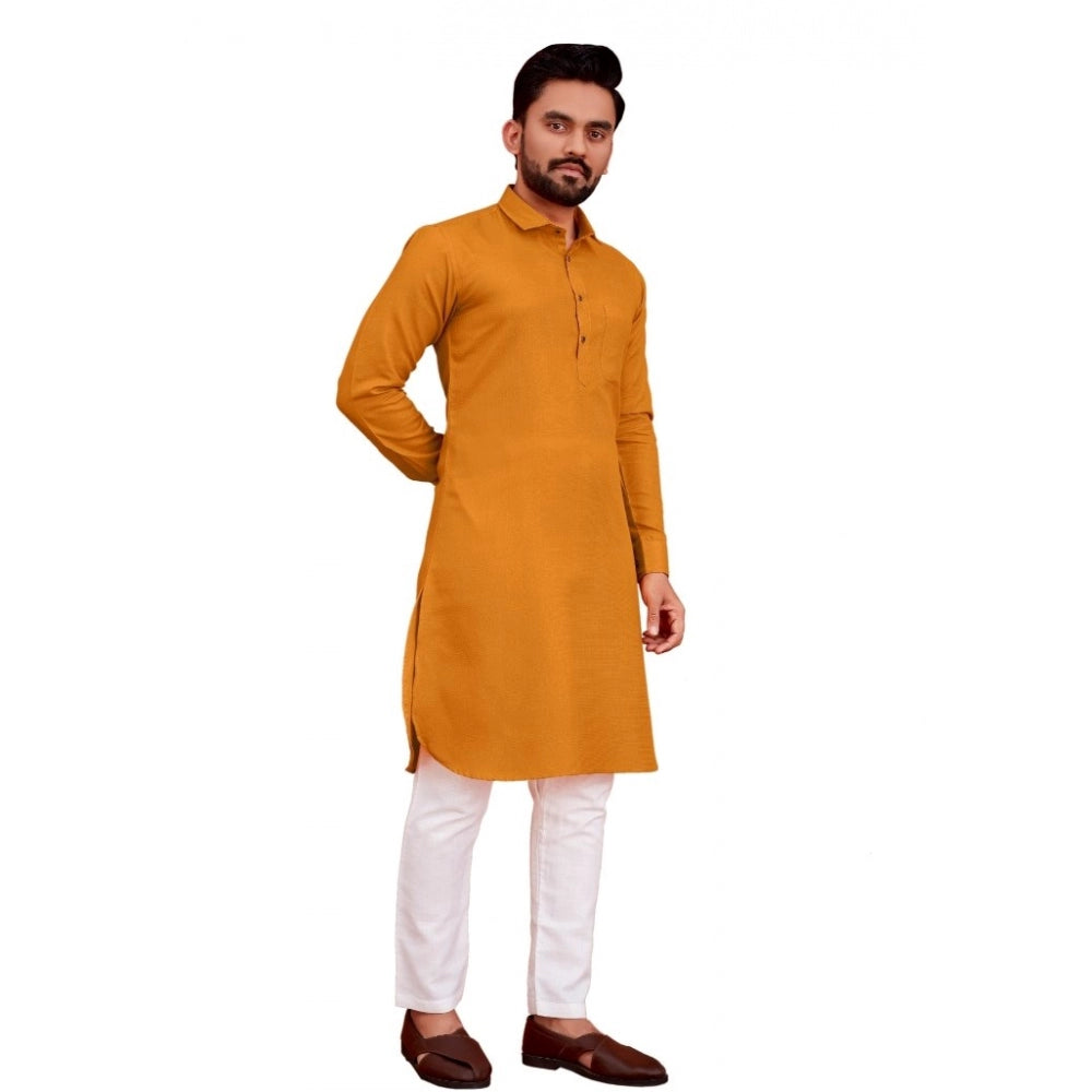 Amfyn Men's Cotton Blend Solid Full Sleeve Knee Length Kurta (Yellow)