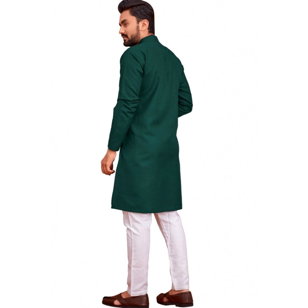 Amfyn Men's Cotton Blend Solid Full Sleeve Knee Length Kurta (Dark Green)