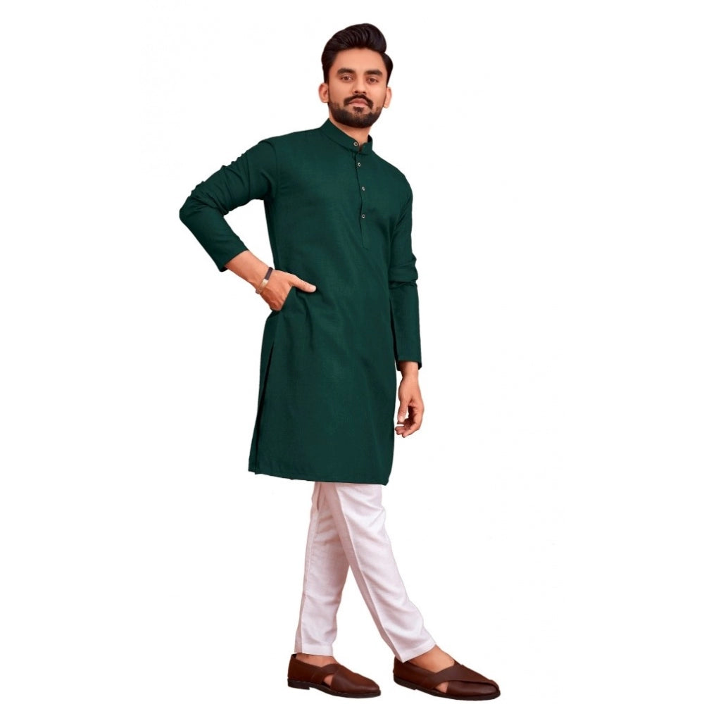 Amfyn Men's Cotton Blend Solid Full Sleeve Knee Length Kurta (Dark Green)