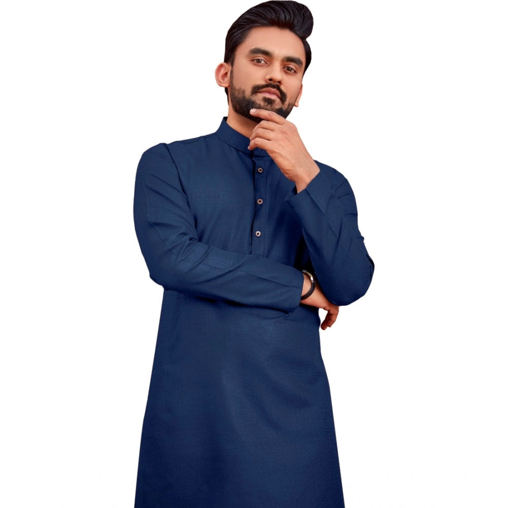 Amfyn Men's Cotton Blend Solid Full Sleeve Knee Length Kurta (Dark Blue)