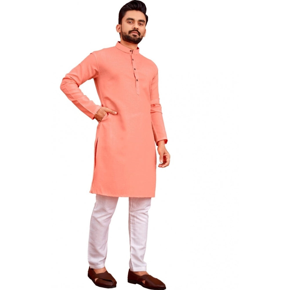 Amfyn Men's Cotton Blend Solid Full Sleeve Knee Length Kurta (Pink)