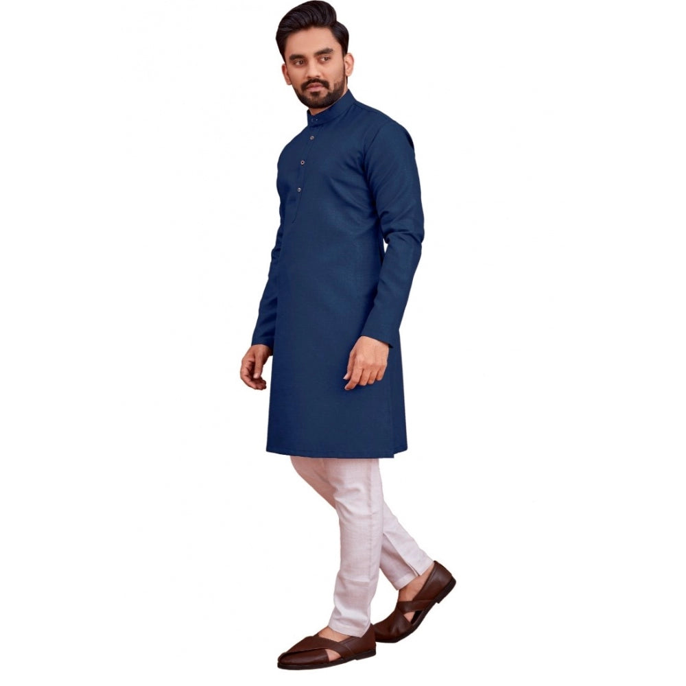 Amfyn Men's Cotton Blend Solid Full Sleeve Knee Length Kurta (Dark Blue)
