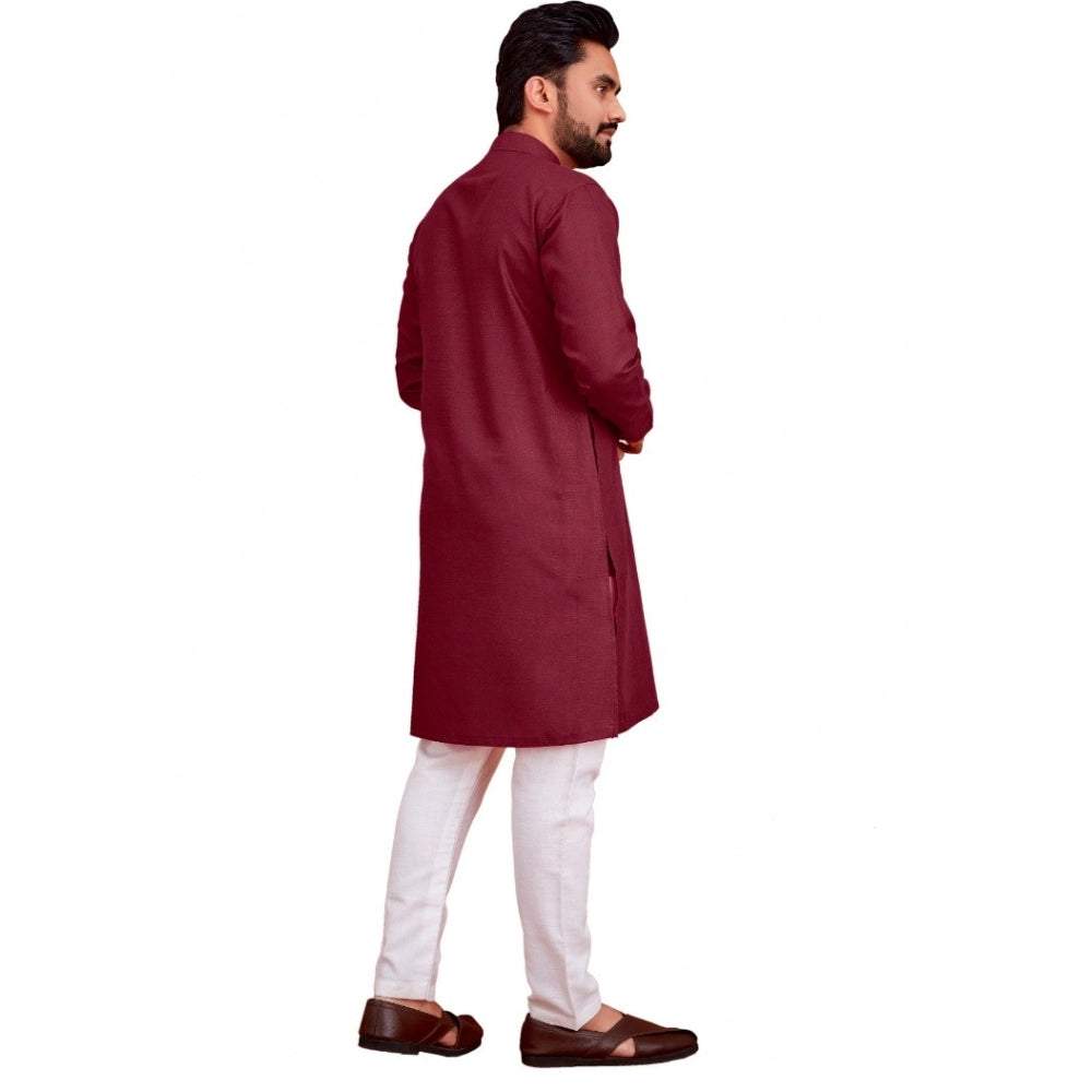 Amfyn Men's Cotton Blend Solid Full Sleeve Knee Length Kurta (Maroon)