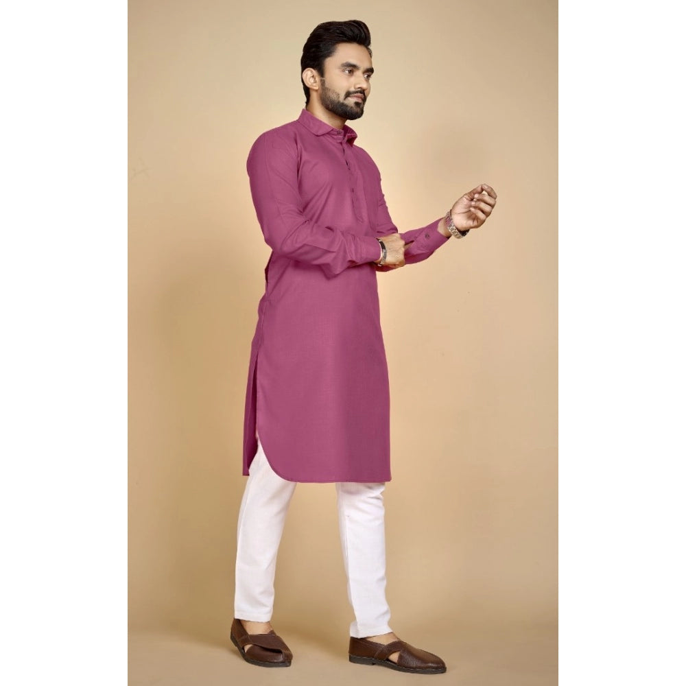 Amfyn Men's Cotton Blend Solid Full Sleeve Knee Length Kurta (Pink)