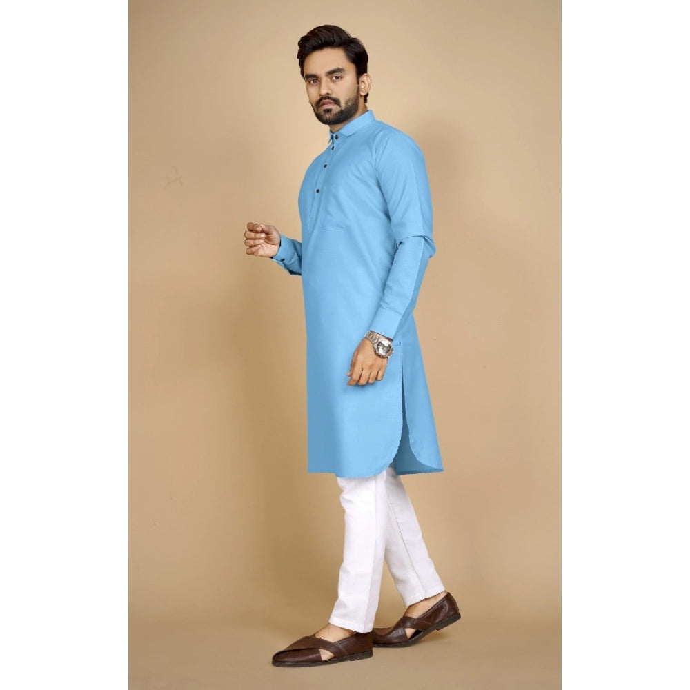 Amfyn Men's Cotton Blend Solid Full Sleeve Knee Length Kurta (Light Blue)