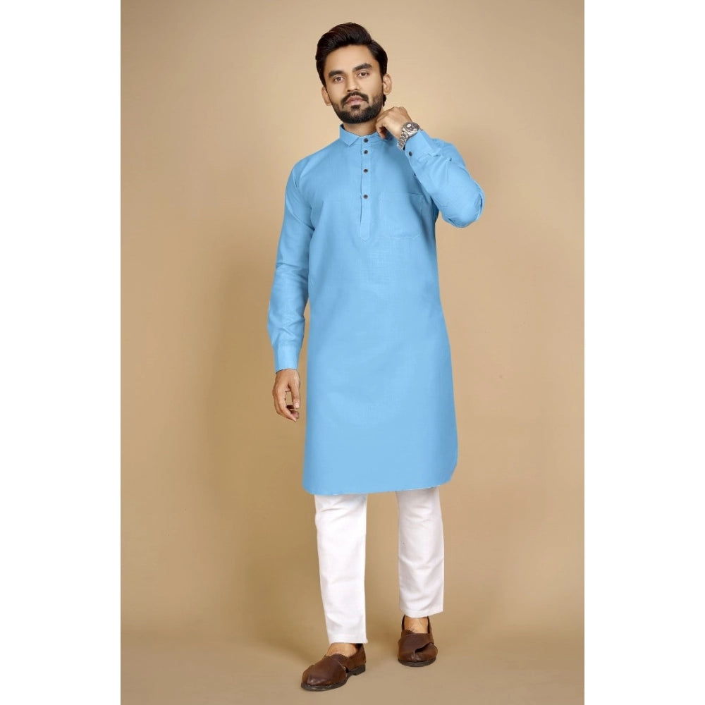 Amfyn Men's Cotton Blend Solid Full Sleeve Knee Length Kurta (Light Blue)