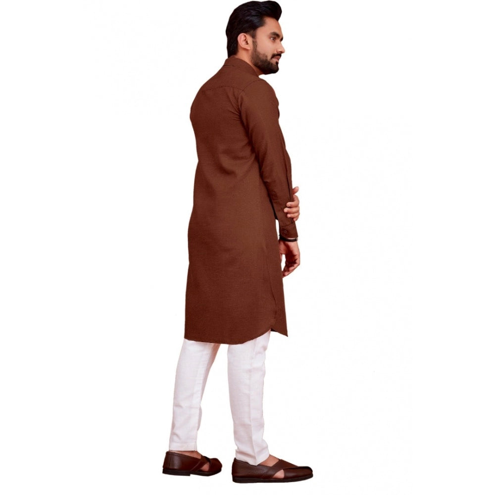 Amfyn Men's Cotton Blend Solid Full Sleeve Knee Length Kurta (Brown)