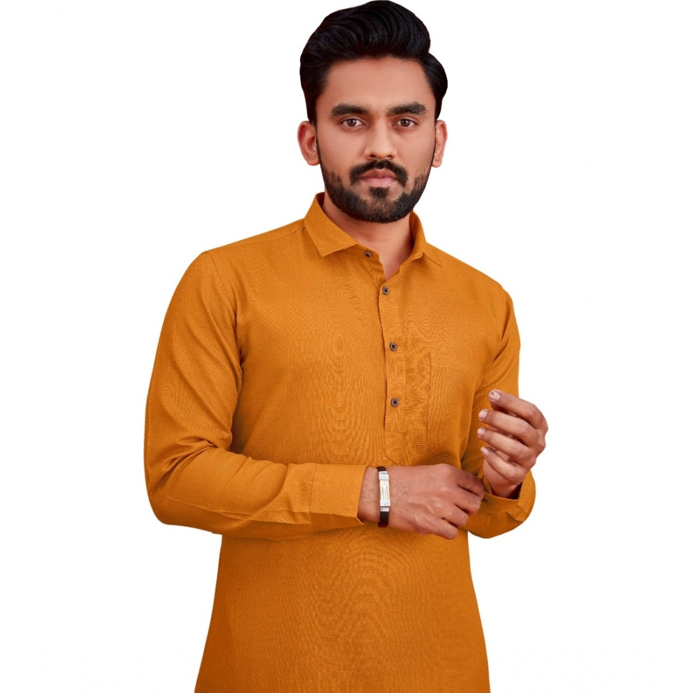 Amfyn Men's Cotton Blend Solid Full Sleeve Knee Length Kurta (Yellow)