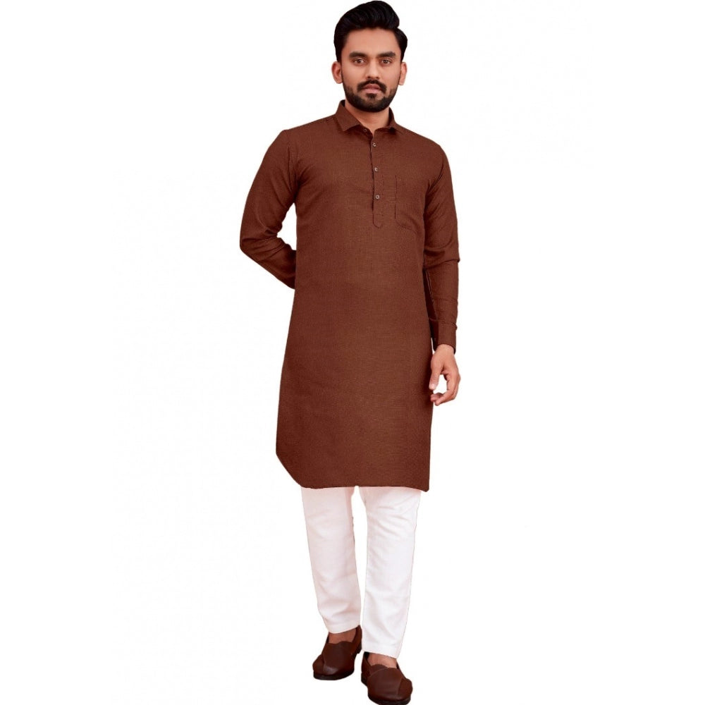 Amfyn Men's Cotton Blend Solid Full Sleeve Knee Length Kurta (Brown)