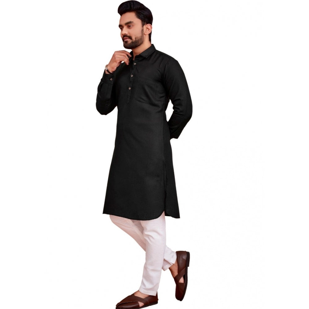 Amfyn Men's Cotton Blend Solid Full Sleeve Knee Length Kurta (Black)