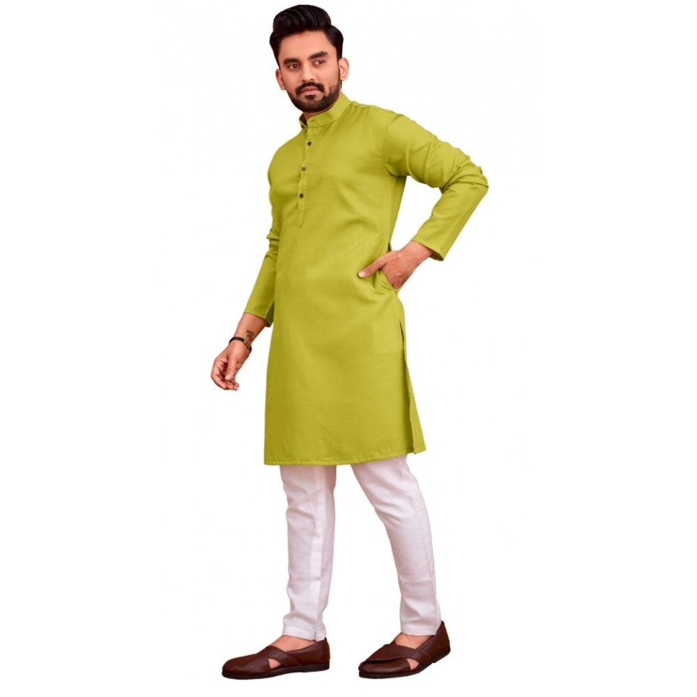 Amfyn Men's Cotton Blend Solid Full Sleeve Knee Length Kurta (Green)