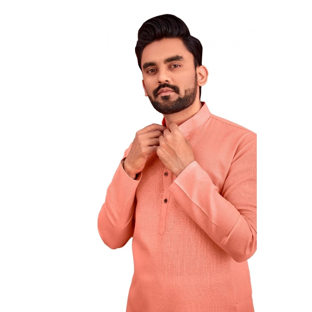 Amfyn Men's Cotton Blend Solid Full Sleeve Knee Length Kurta (Pink)