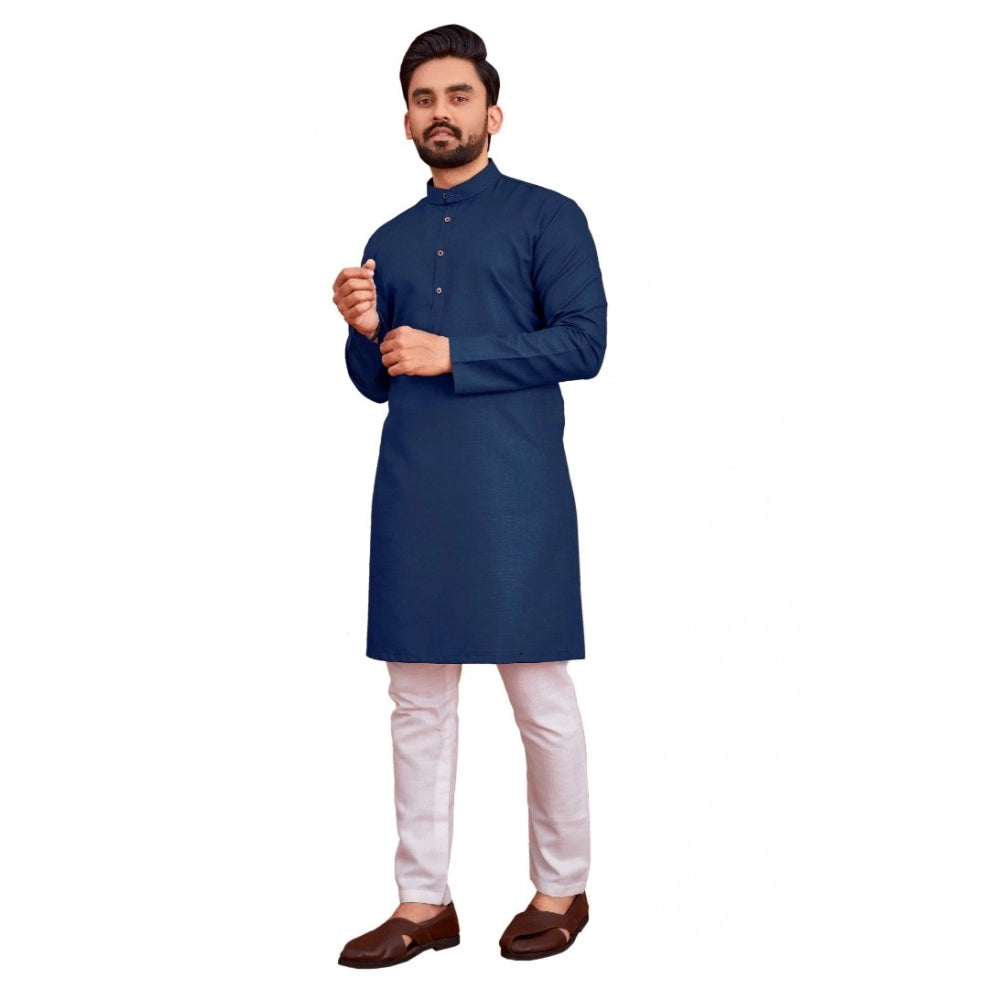 Amfyn Men's Cotton Blend Solid Full Sleeve Knee Length Kurta (Dark Blue)