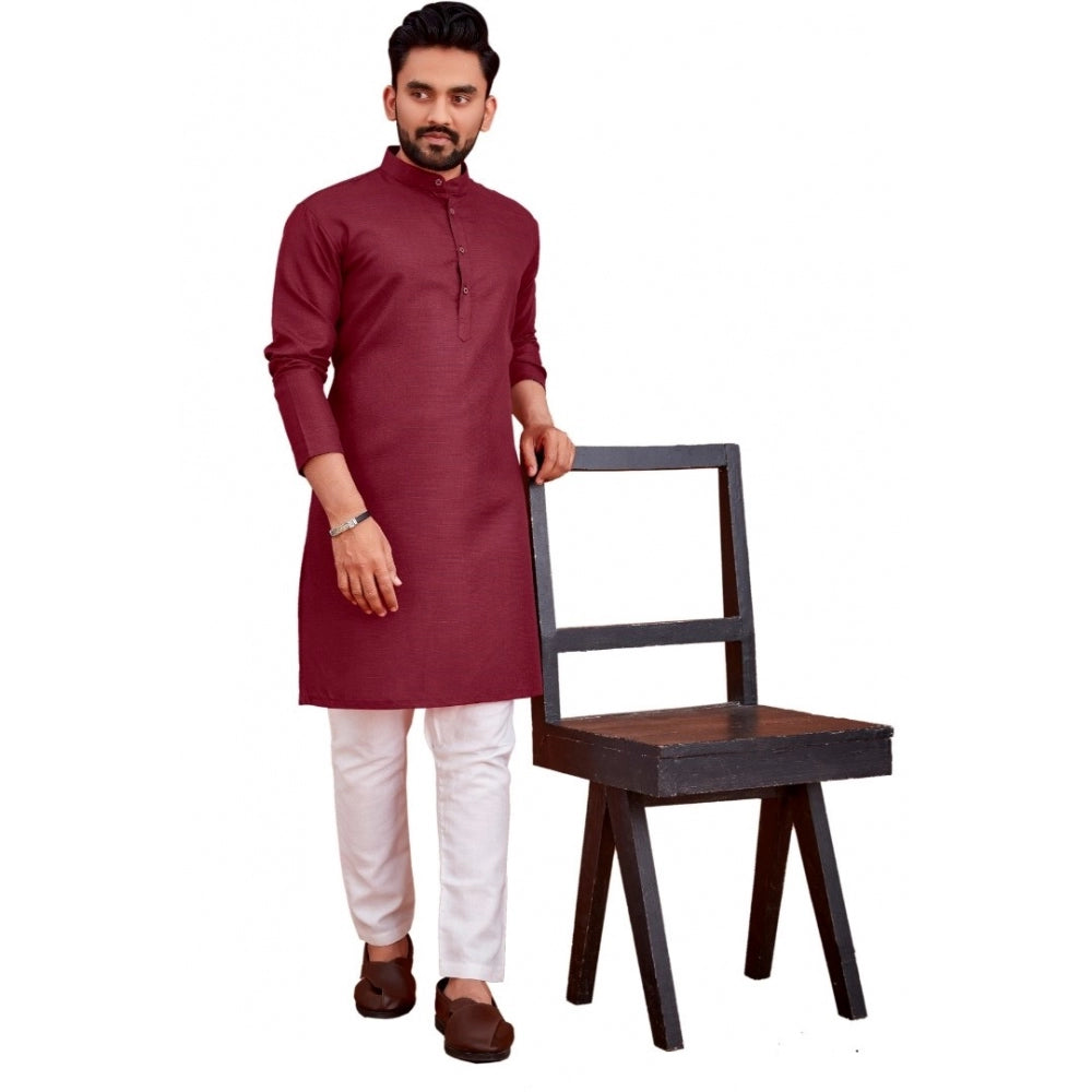 Amfyn Men's Cotton Blend Solid Full Sleeve Knee Length Kurta (Maroon)