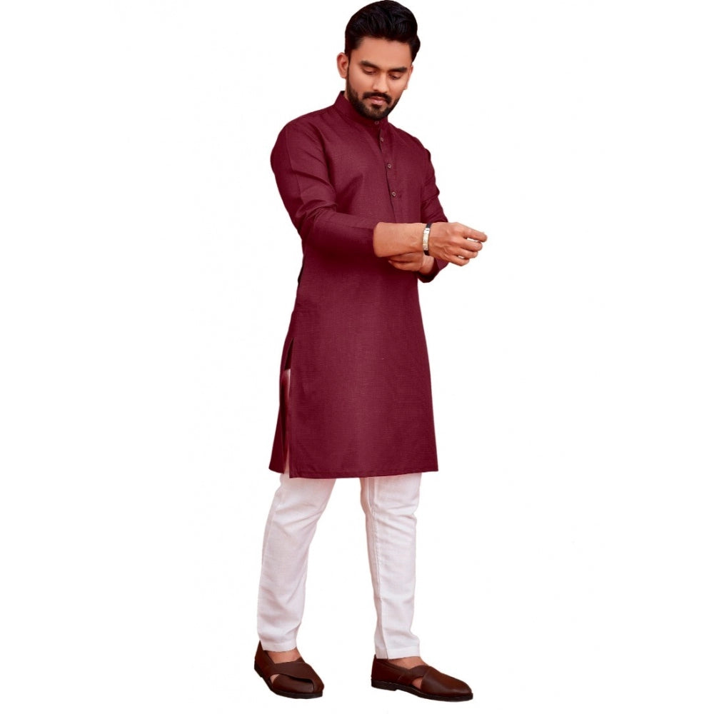 Amfyn Men's Cotton Blend Solid Full Sleeve Knee Length Kurta (Maroon)