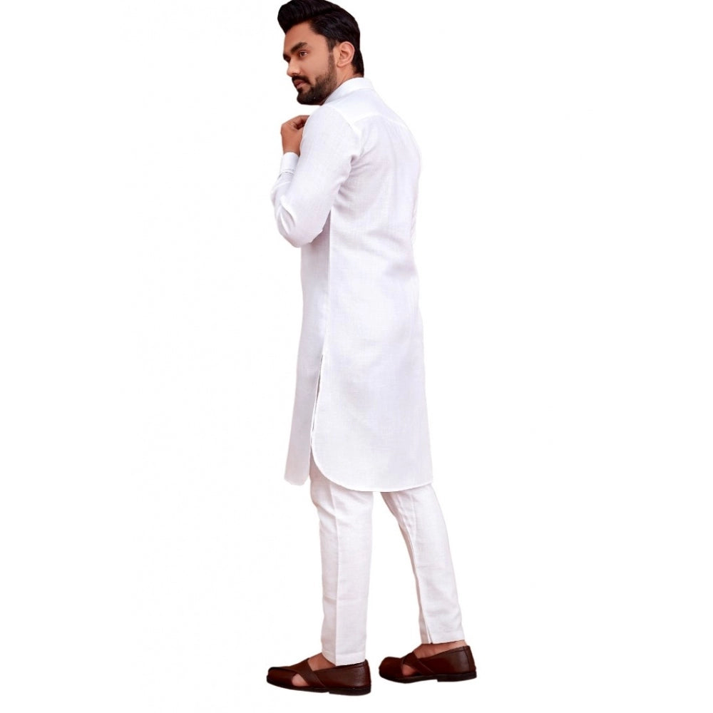 Amfyn Men's Cotton Blend Solid Full Sleeve Knee Length Kurta (White)