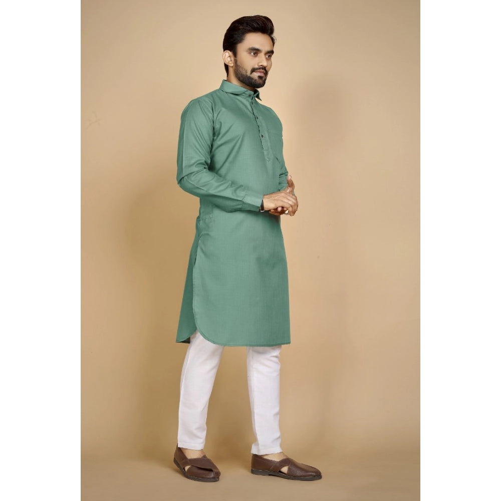 Amfyn Men's Cotton Blend Solid Full Sleeve Knee Length Kurta (Green)