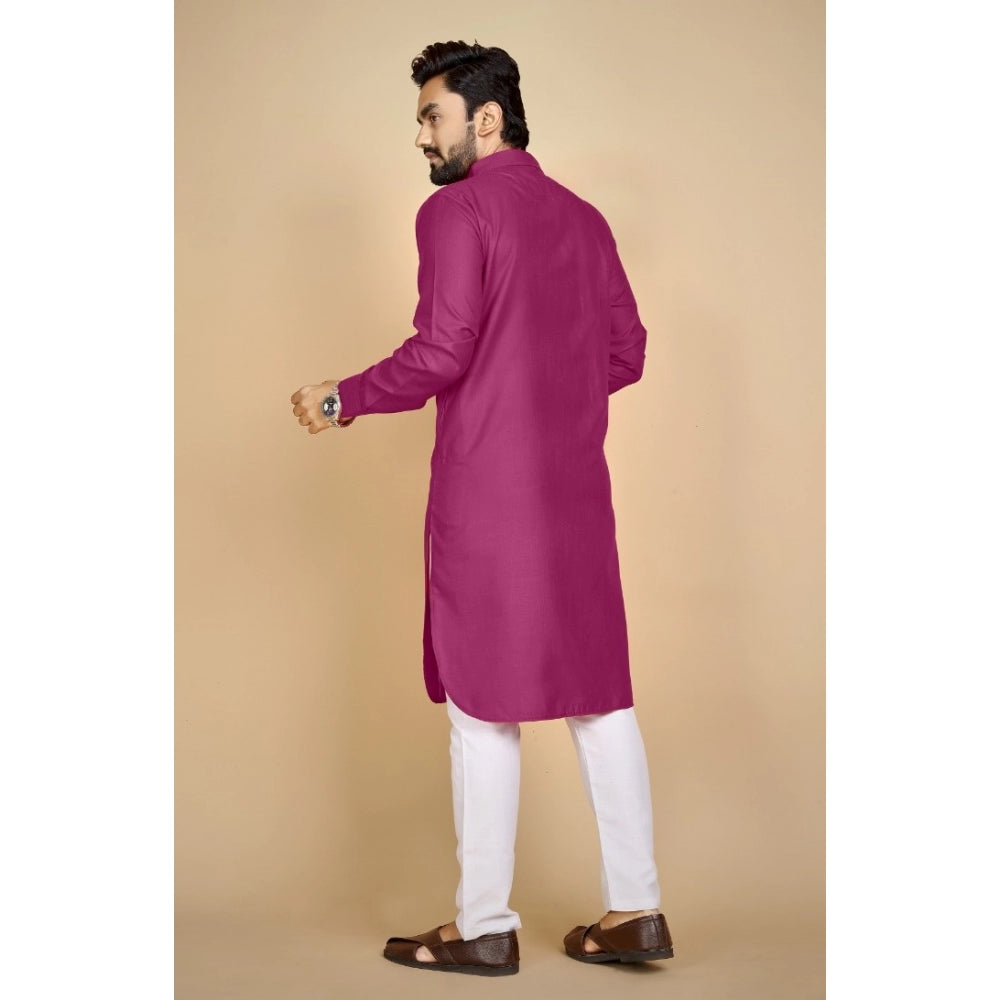 Amfyn Men's Cotton Blend Solid Full Sleeve Knee Length Kurta (Pink)