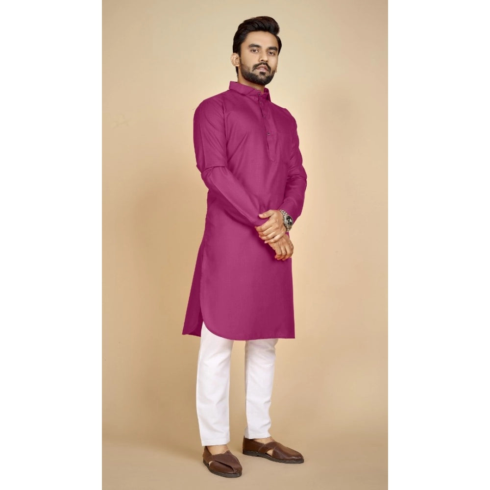 Amfyn Men's Cotton Blend Solid Full Sleeve Knee Length Kurta (Pink)