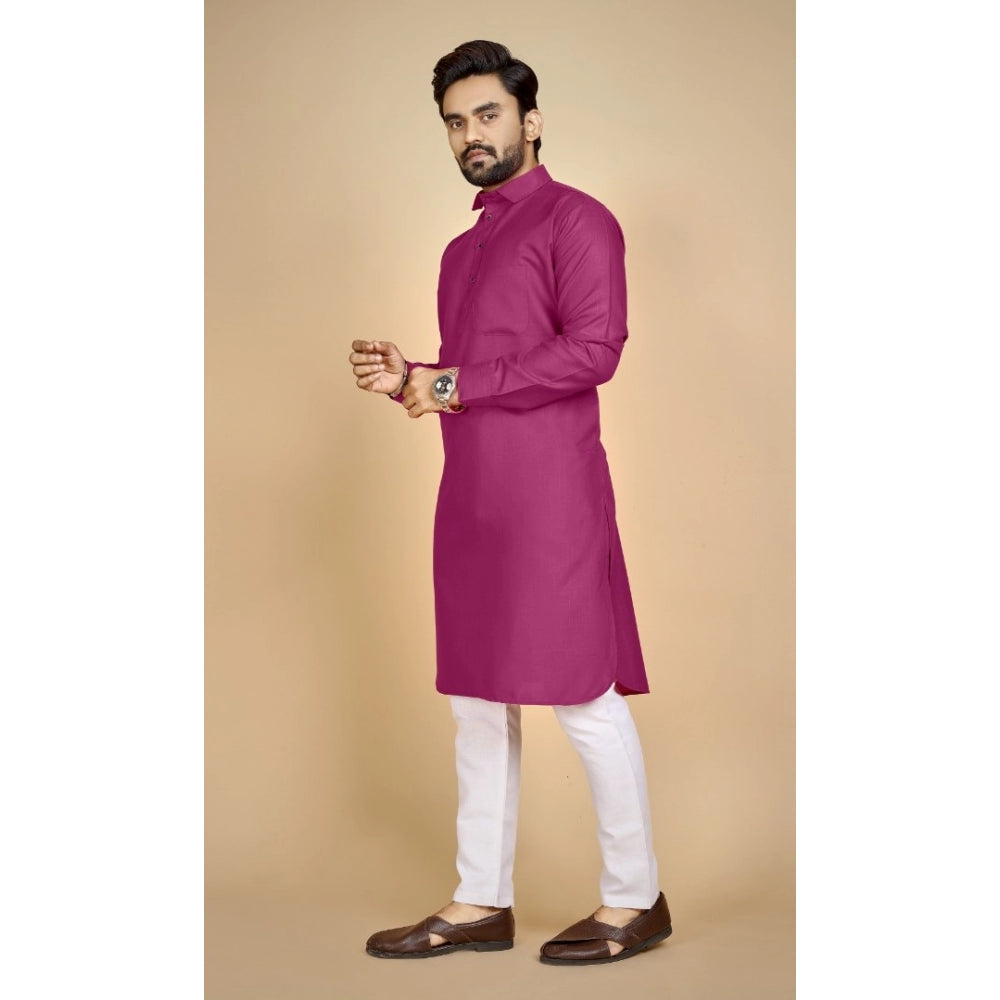 Amfyn Men's Cotton Blend Solid Full Sleeve Knee Length Kurta (Pink)