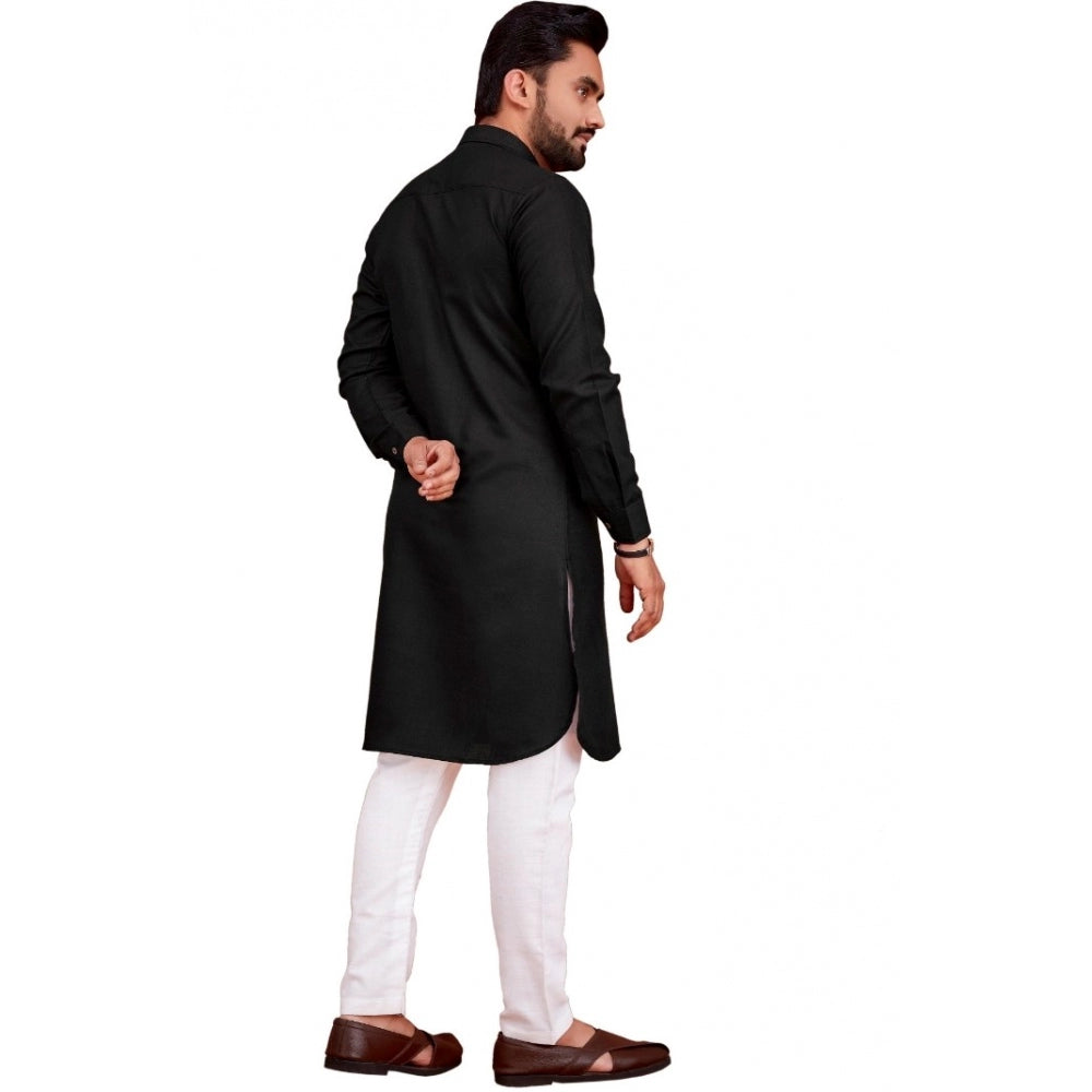 Amfyn Men's Cotton Blend Solid Full Sleeve Knee Length Kurta (Black)