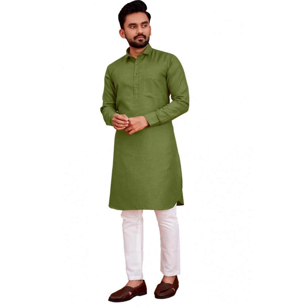 Amfyn Men's Cotton Blend Solid Full Sleeve Knee Length Kurta (Green)