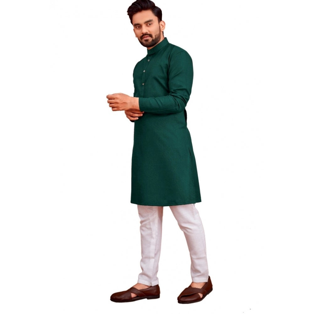Amfyn Men's Cotton Blend Solid Full Sleeve Knee Length Kurta (Dark Green)