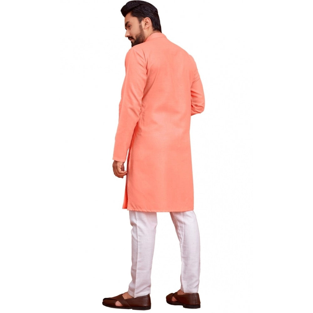 Amfyn Men's Cotton Blend Solid Full Sleeve Knee Length Kurta (Pink)