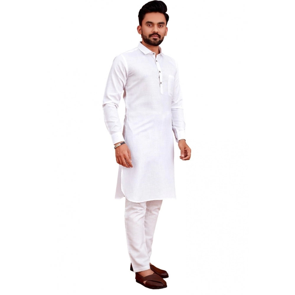 Amfyn Men's Cotton Blend Solid Full Sleeve Knee Length Kurta (White)