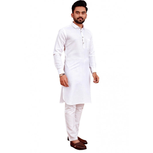 Amfyn Men's Cotton Blend Solid Full Sleeve Knee Length Kurta (White)