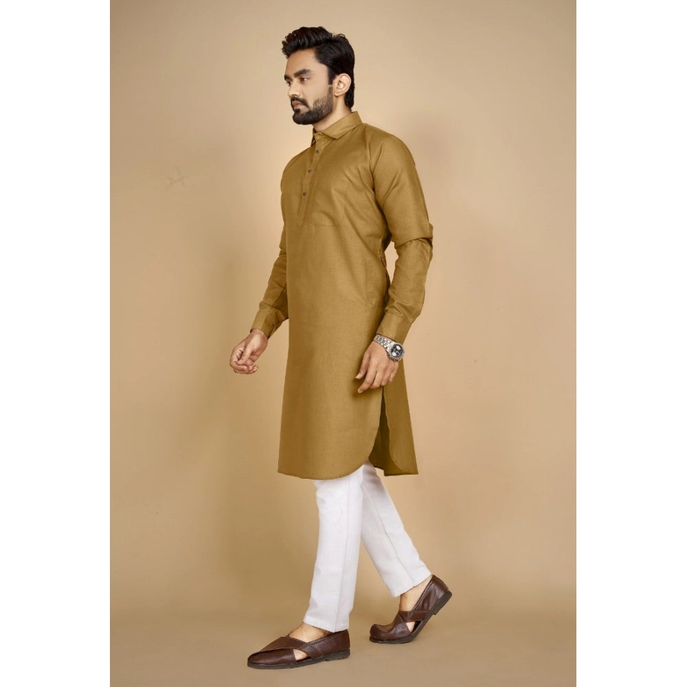 Amfyn Men's Cotton Blend Solid Full Sleeve Knee Length Kurta (Brown)