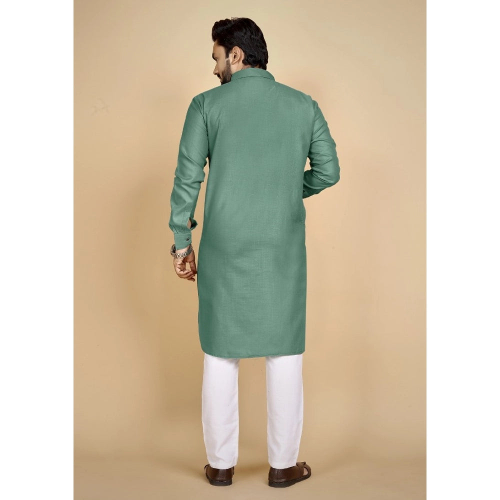Amfyn Men's Cotton Blend Solid Full Sleeve Knee Length Kurta (Green)