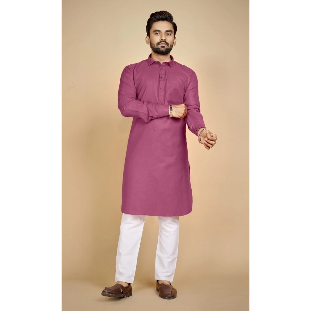 Amfyn Men's Cotton Blend Solid Full Sleeve Knee Length Kurta (Pink)