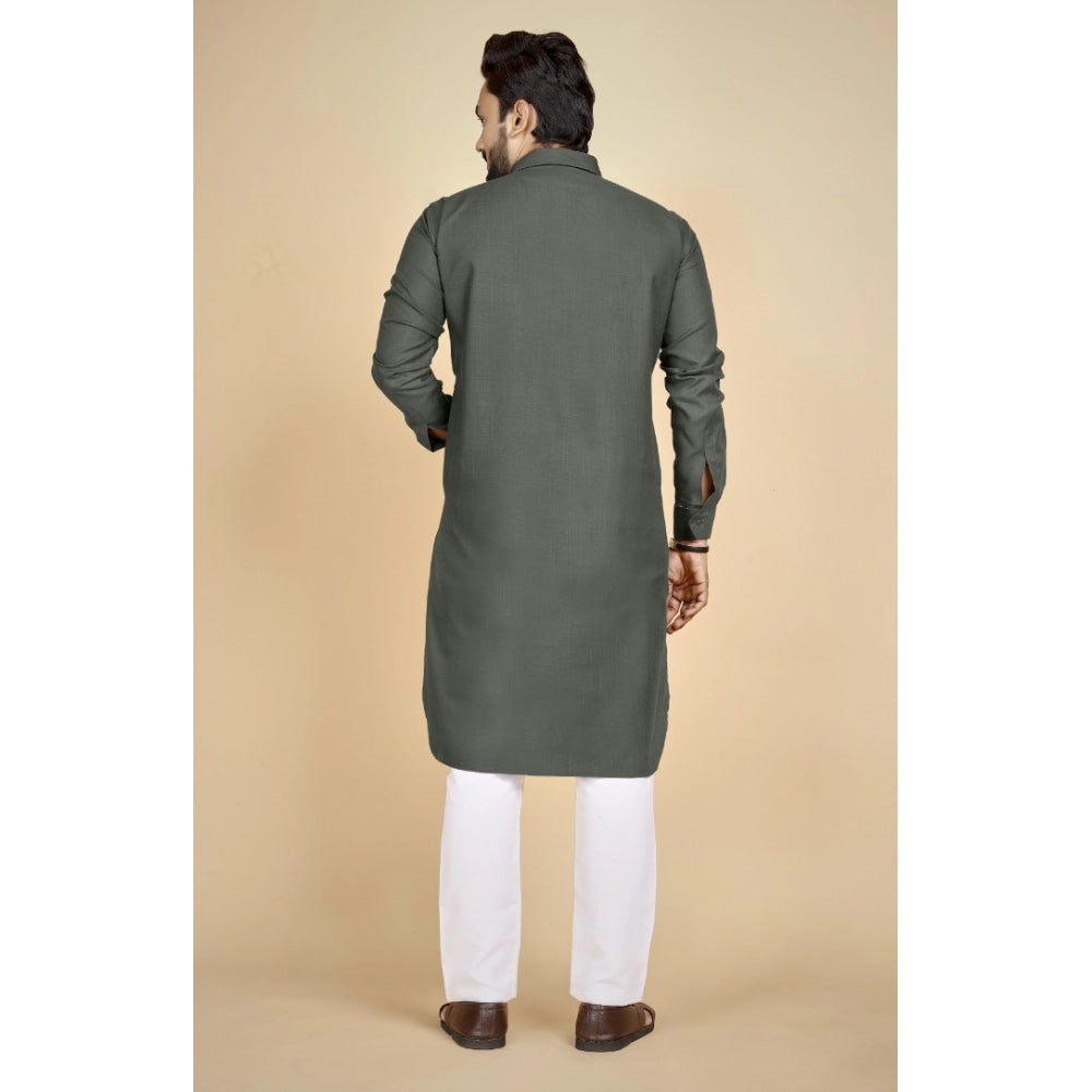 Amfyn Men's Cotton Blend Solid Full Sleeve Knee Length Kurta (Dark Green)