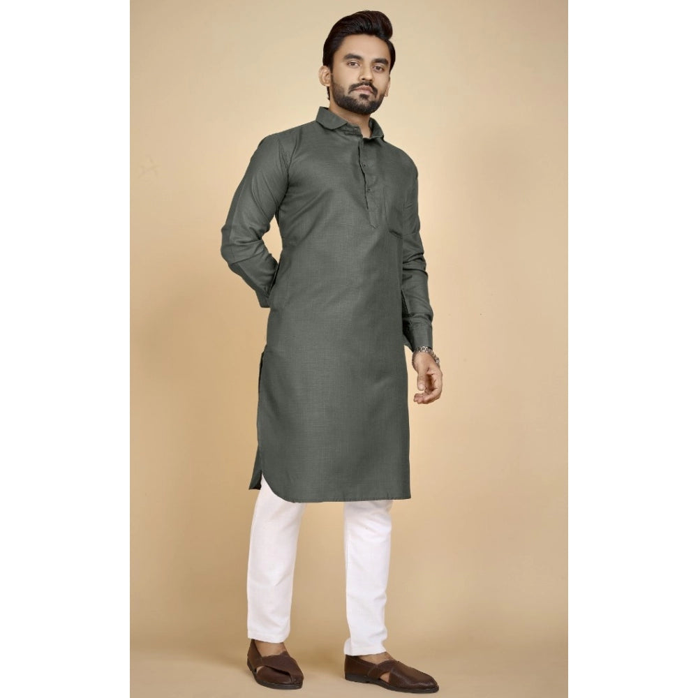 Amfyn Men's Cotton Blend Solid Full Sleeve Knee Length Kurta (Dark Green)