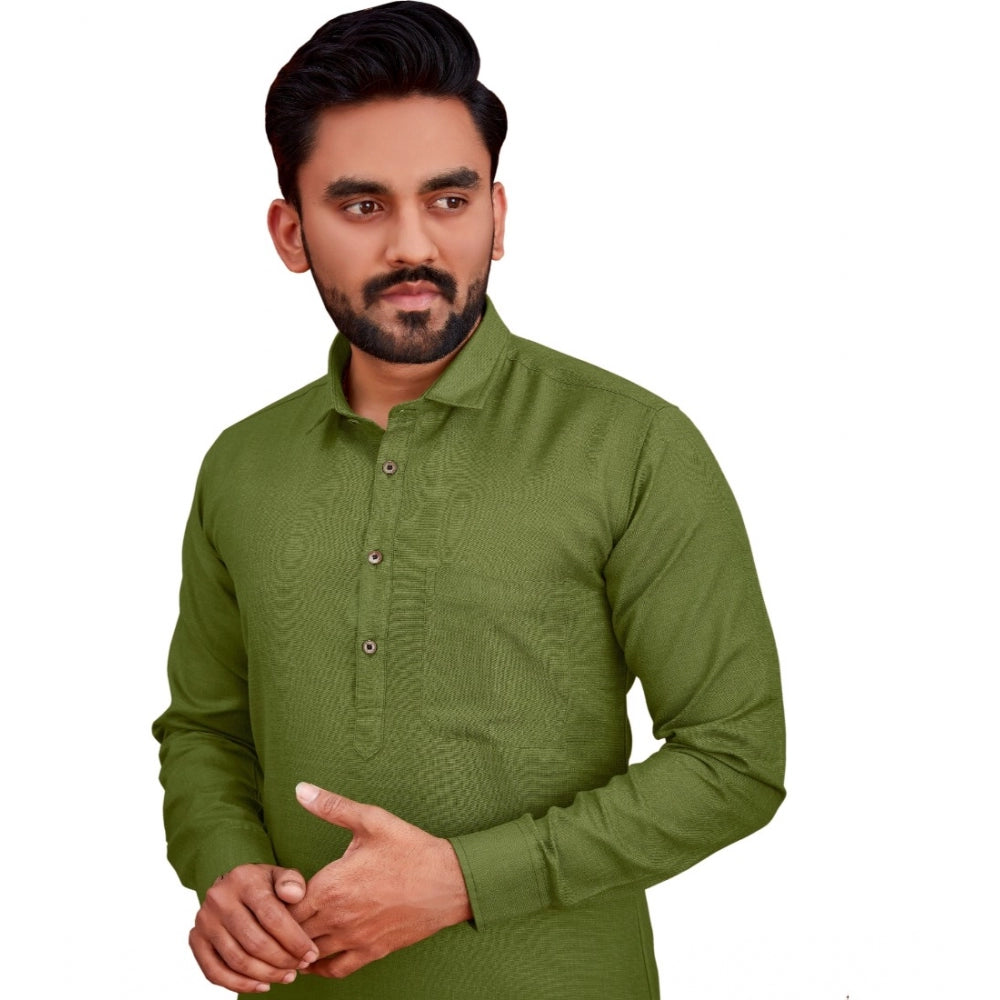 Amfyn Men's Cotton Blend Solid Full Sleeve Knee Length Kurta (Green)