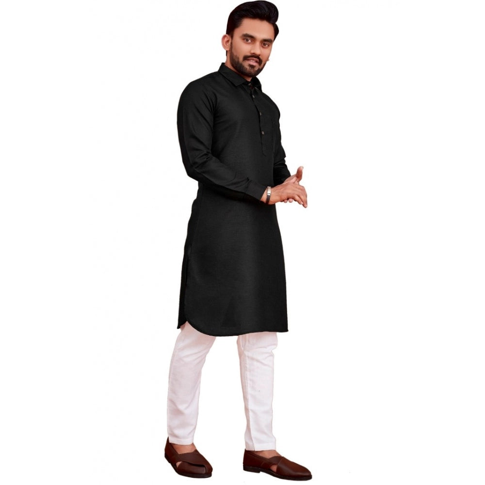 Amfyn Men's Cotton Blend Solid Full Sleeve Knee Length Kurta (Black)