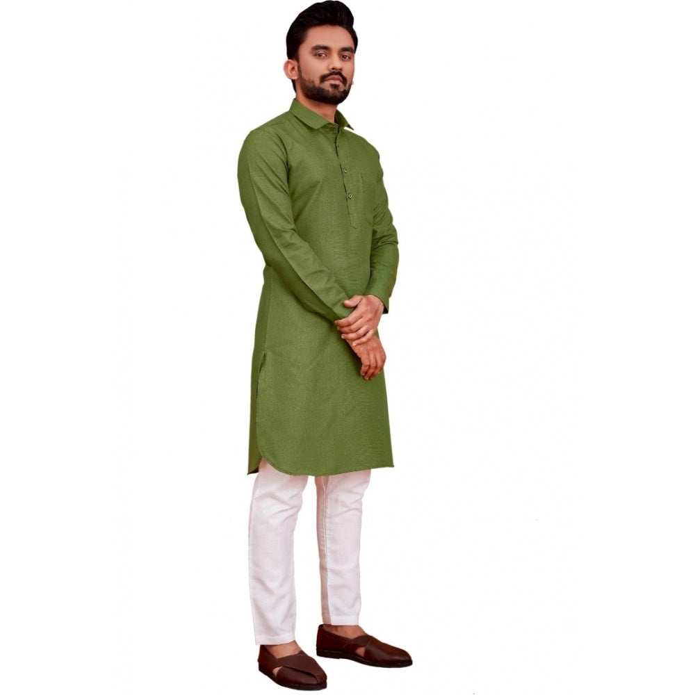 Amfyn Men's Cotton Blend Solid Full Sleeve Knee Length Kurta (Green)