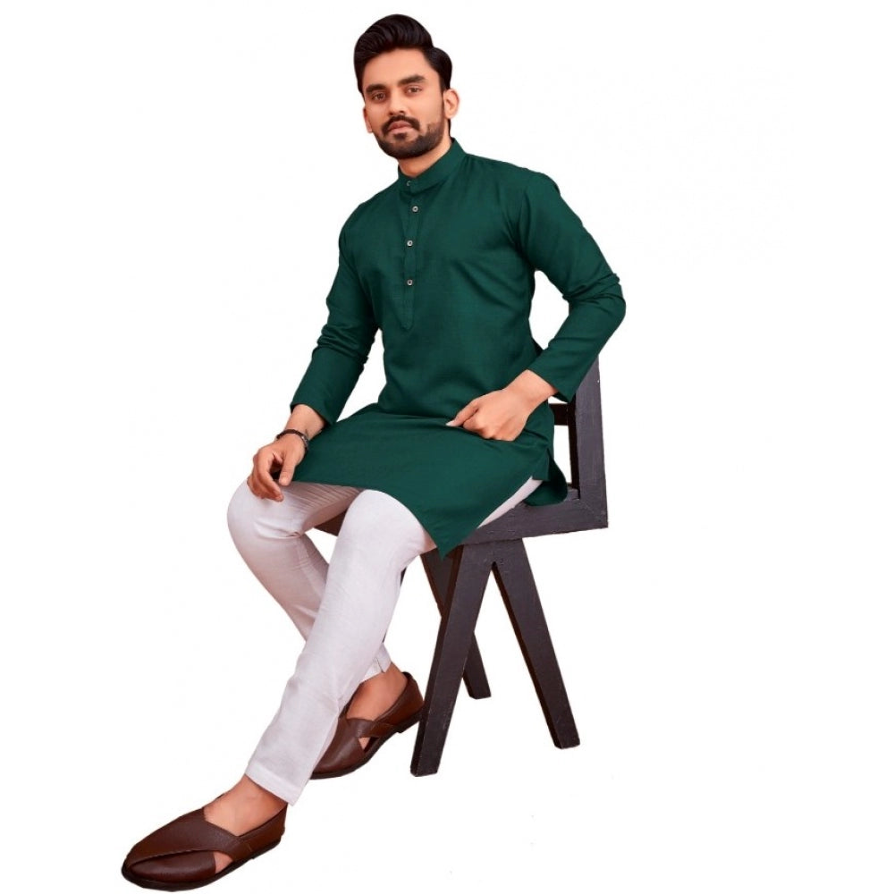 Amfyn Men's Cotton Blend Solid Full Sleeve Knee Length Kurta (Dark Green)
