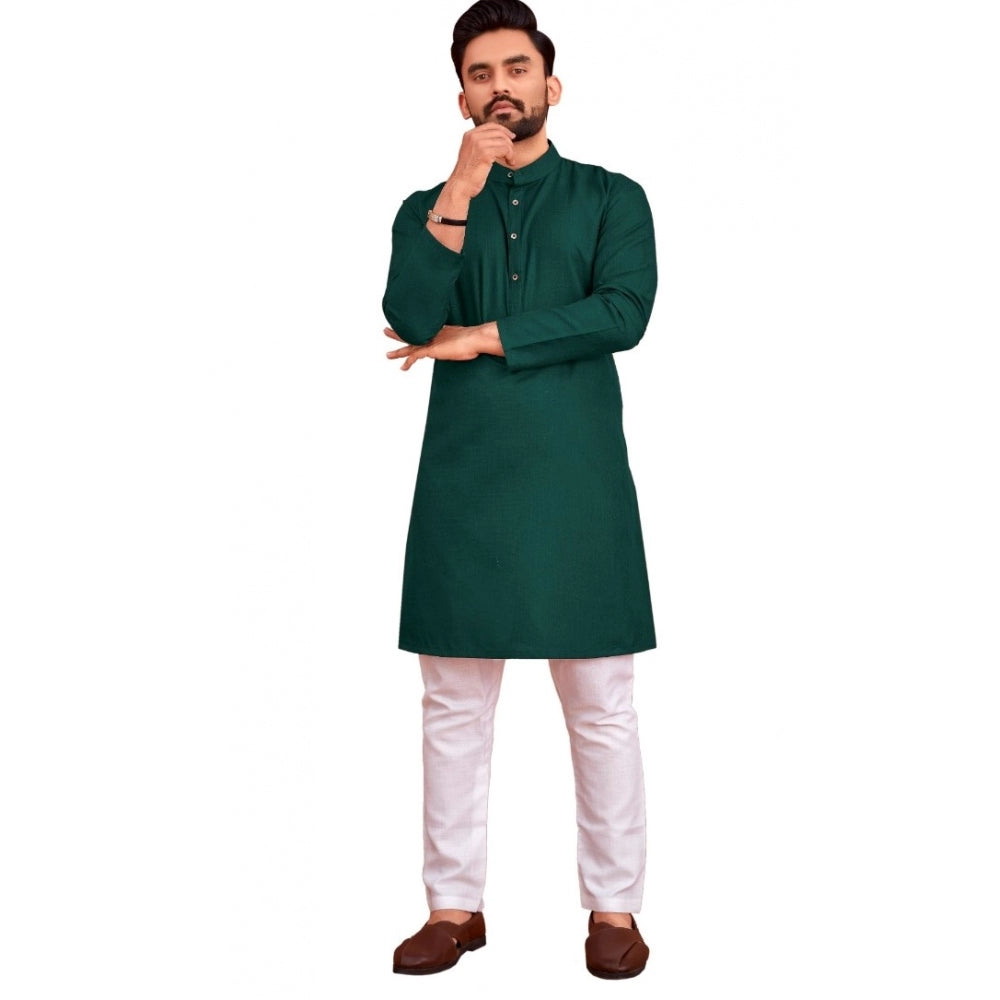 Amfyn Men's Cotton Blend Solid Full Sleeve Knee Length Kurta (Dark Green)