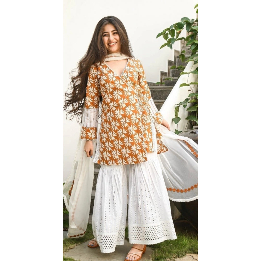 Amfyn Women's Procin Print Cotton Angrakha Pattern Kurti With Lace And Tassel Details Set (Mustard Yellow)