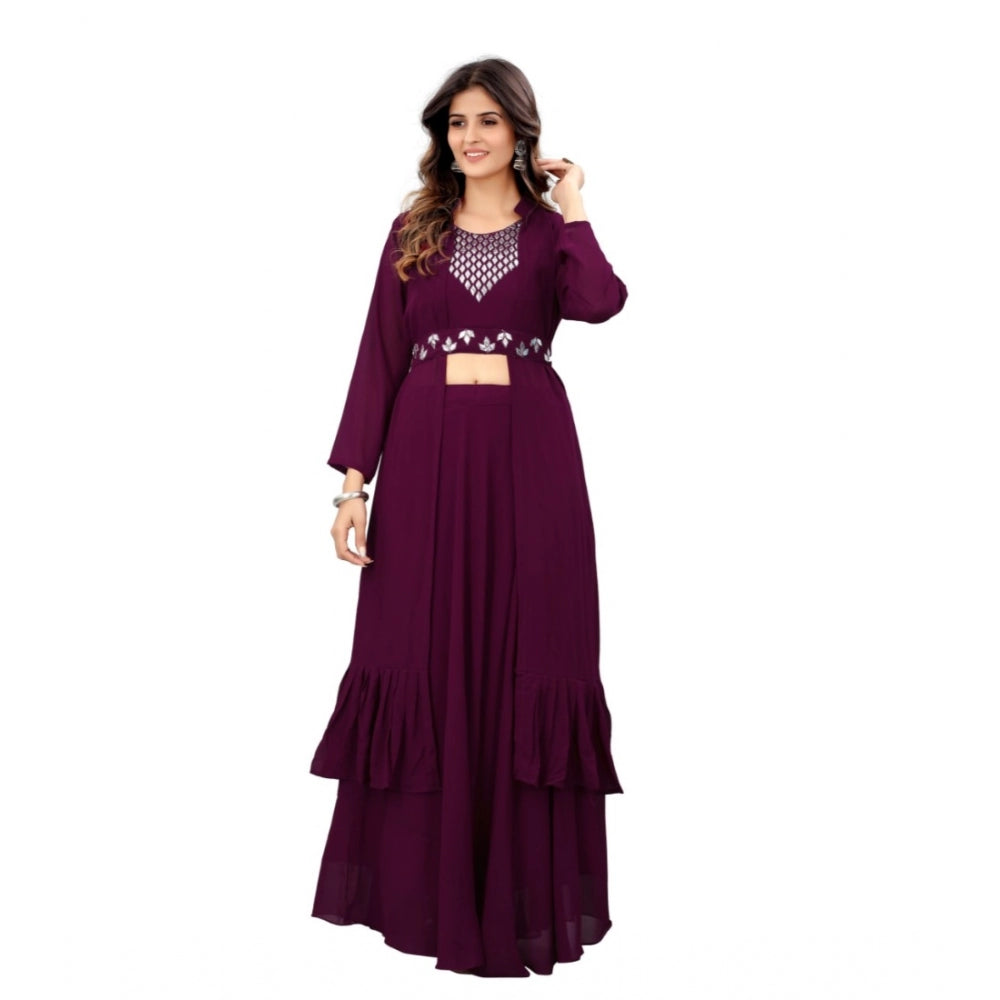 Amfyn Women's Embroidery Gotapatti Work Georget Long Gown (Wine)