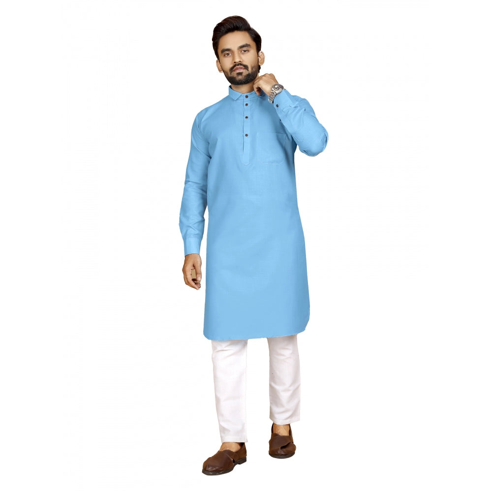 Amfyn Men's Cotton Blend Solid Full Sleeve Knee Length Kurta (Light Blue)